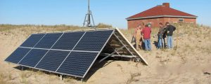 A close look at the freestanding solar panels insatlled at teh Race Point lighthouse in Provincetown